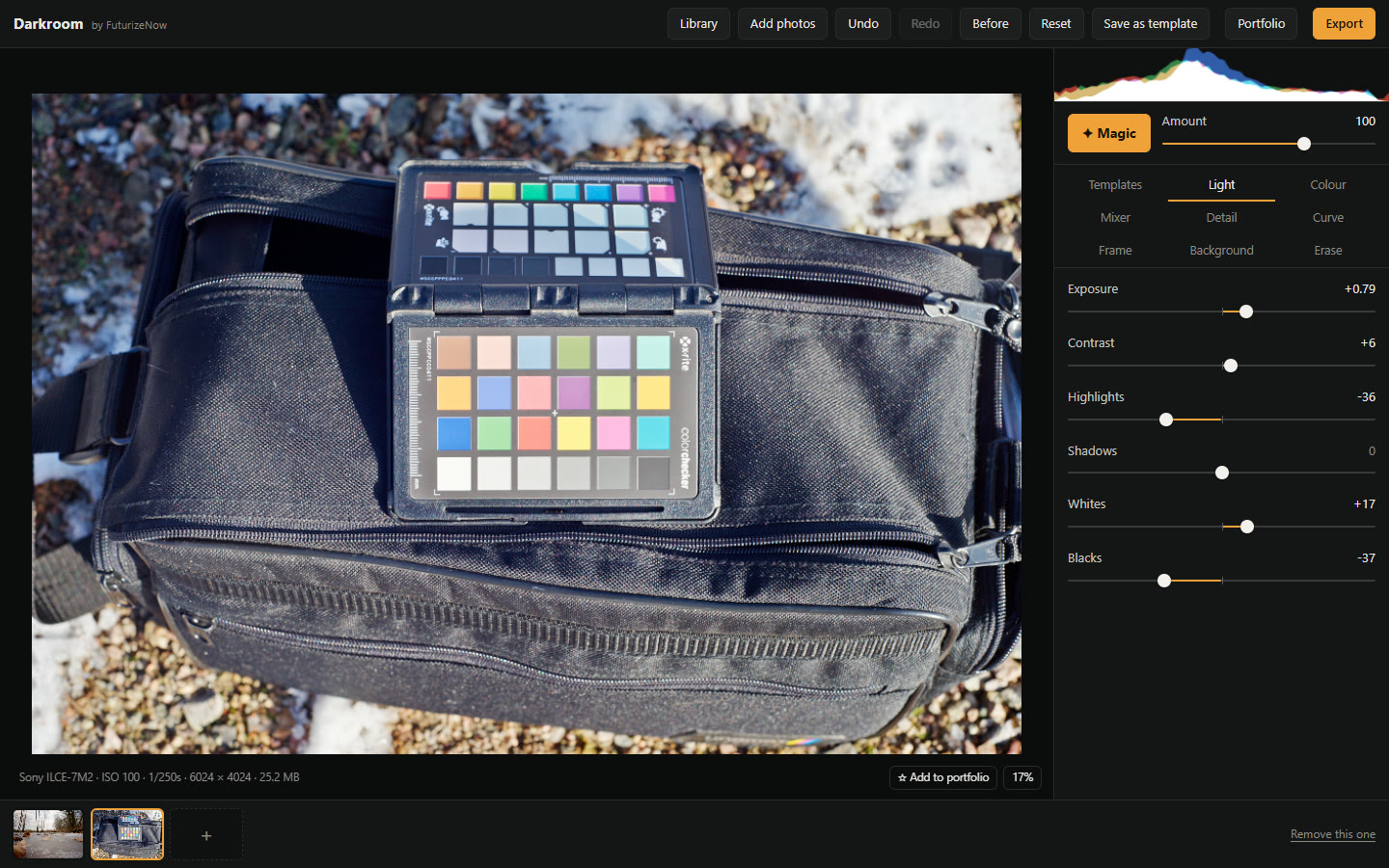 The Darkroom editor with a raw photograph open: the picture on the left, drag controls on the right